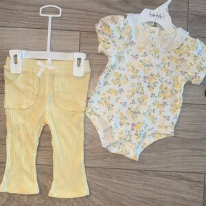 NICOLE MILLER Yellow Ribbed Pants and Floral Onesie Set